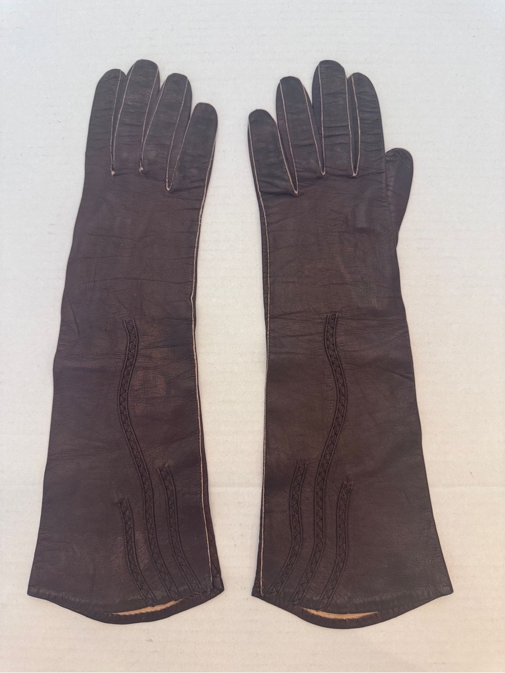 Vintage Bambe Brown Leather Opera Gloves Long Made in Italy Size 7.5 Women